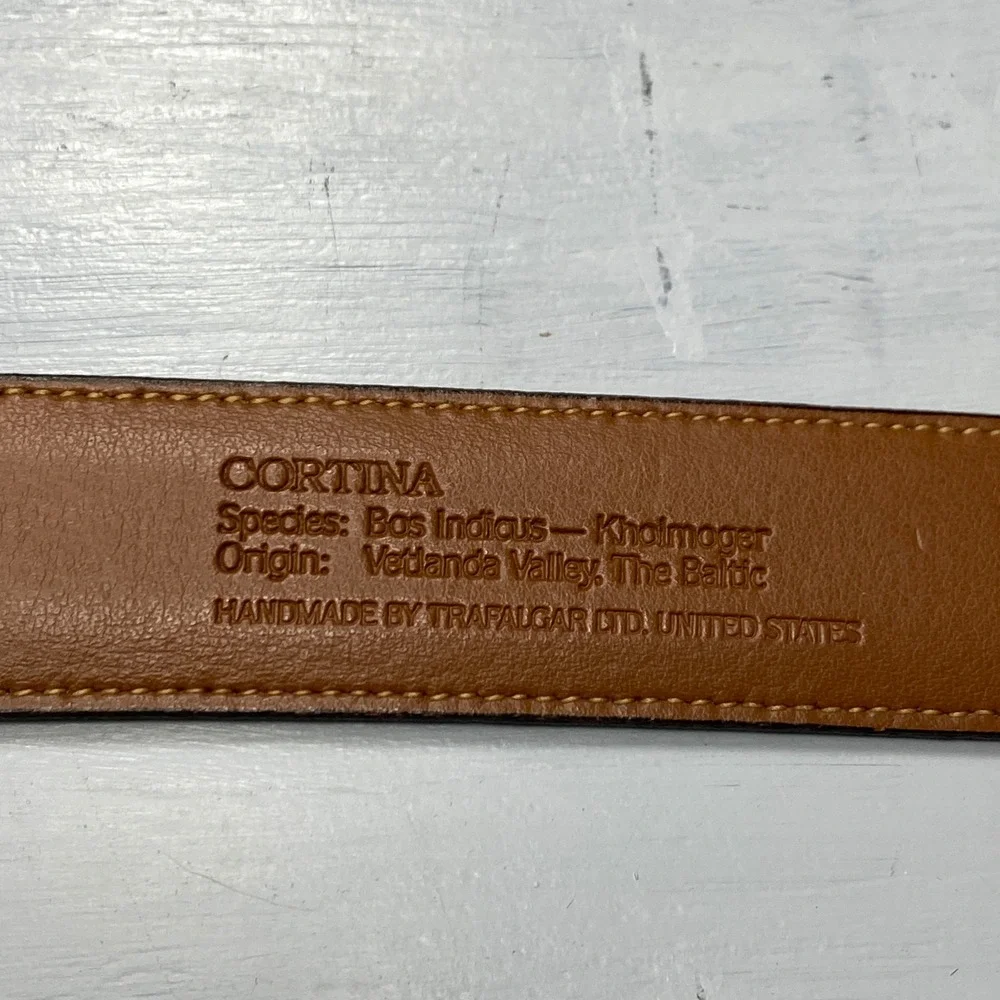 Trafalgar Cortina Belt Mens 36 Brown Leather Brass Buckle Handmade USA Dress 171